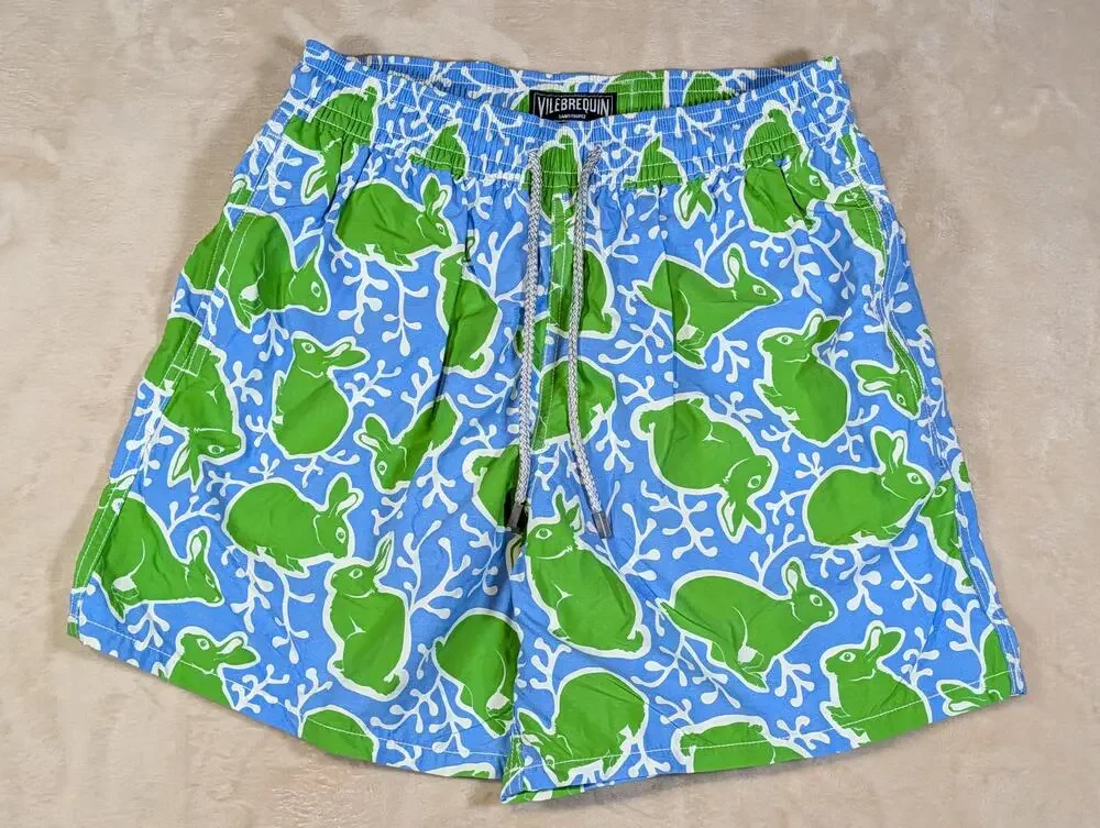 Vilebrequin Men's Moorea Swim Trunks Lagon Blue Green Bunny Rabbit Print Large